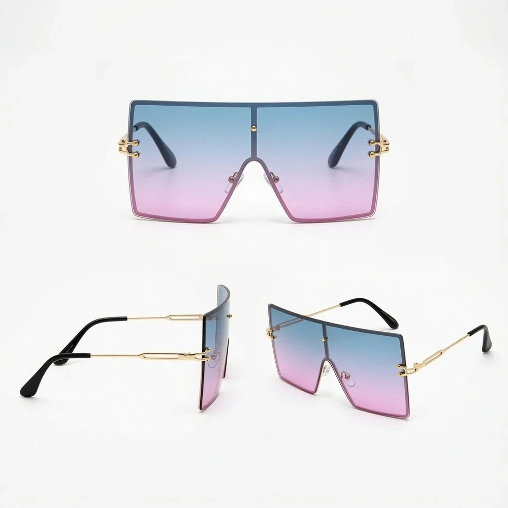 Womens Oversized Rectangular Sunglasses Blue Pink Gradient Gold Frame Female New